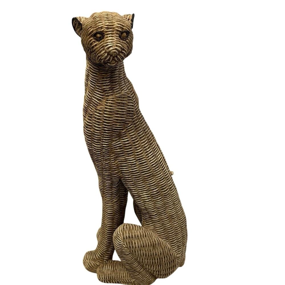 Resin Rattan Look Leopard Cat Statue Coastal Boho Shelf Decor